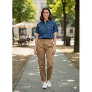 Basic Editions Vtg Embroidered Floral Denim‎ Shirt Women's Sz M Short Sleeve 90s